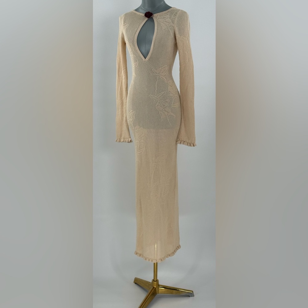🆕 MIRROR PALAIS 🧿 NWOT Rose Pointelle Crochet Knit Dress, Soft Beige - Sz S - Picture 6 of 17